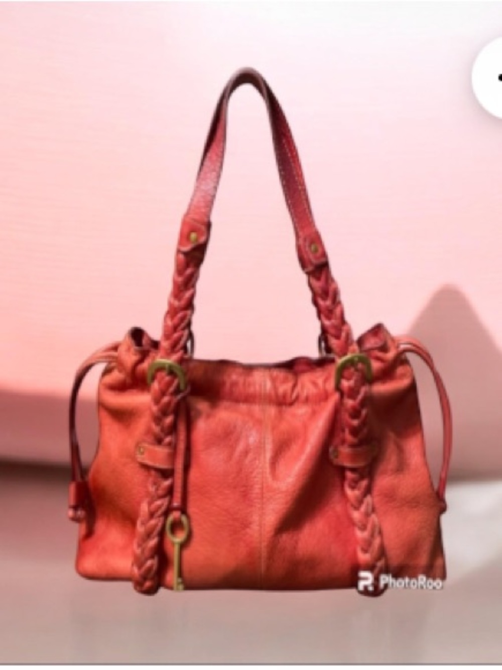 FOSSIL Satchel Red Leather Braided Shoulder Bag Size H9.5’XW15’XD5.5’ Ap…